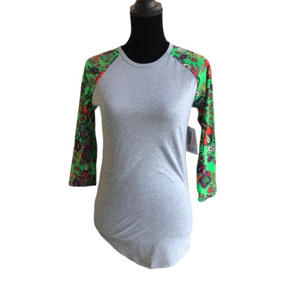LuLaRoe Womens Top Size XXS Randy Baseball Tee Gray Green Orange Purple Paisley - Picture 2 of 6